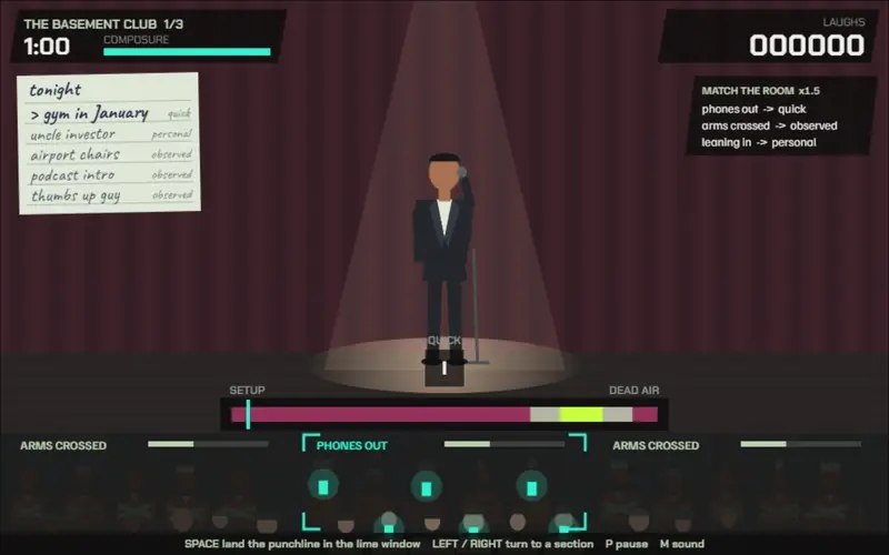 Recorded play of the design made with Qloo: landing each joke on its beat, answering a heckler and breathing back from a bomb.