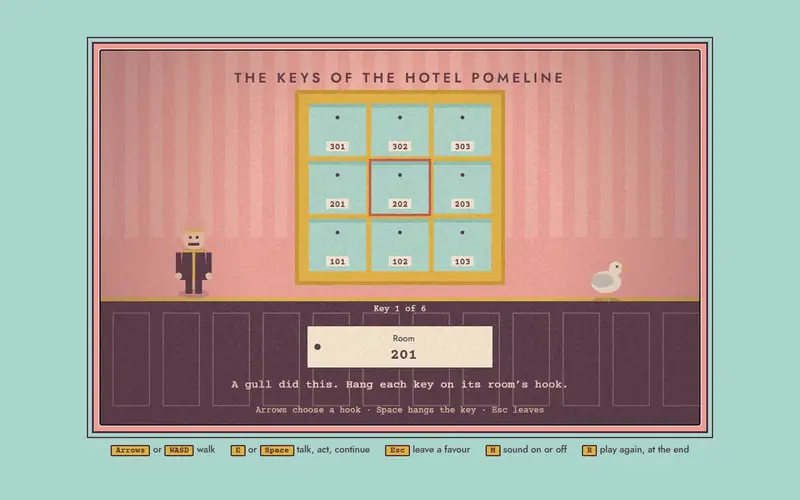 Recorded play of the design made from the guess alone: hanging the hotel's keys, keeping time on the tambourine and the centred-photo shutter.