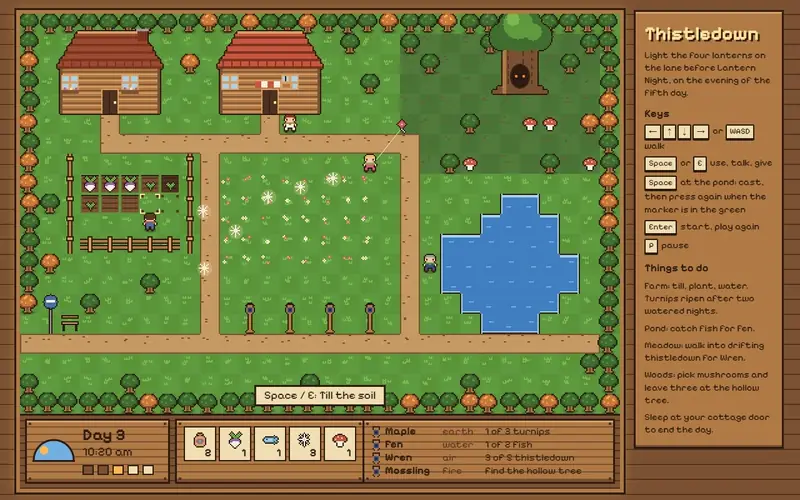 Recorded play of the design made from the guess alone: tilling, planting and watering, fishing with the timing bar and Lantern Night.
